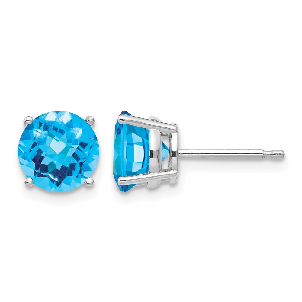 14K White Gold 7mm Round Checker-cut Blue Topaz Post Earrings