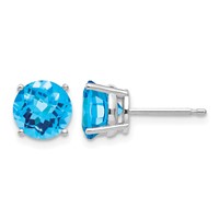 14K White Gold 7mm Round Checker-cut Blue Topaz Post Earrings view 1