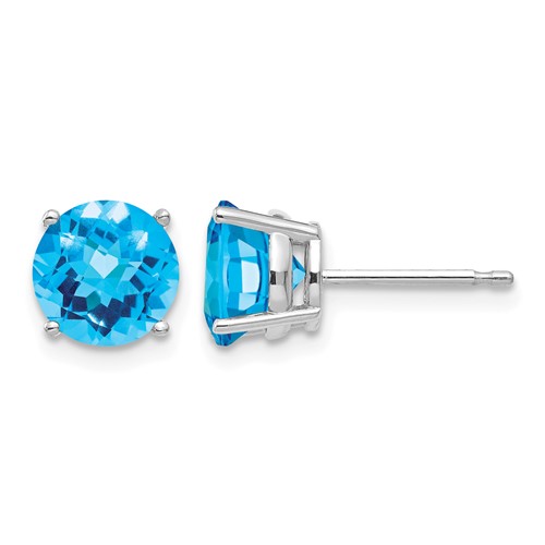 14K White Gold 7mm Round Checker-cut Blue Topaz Post Earrings