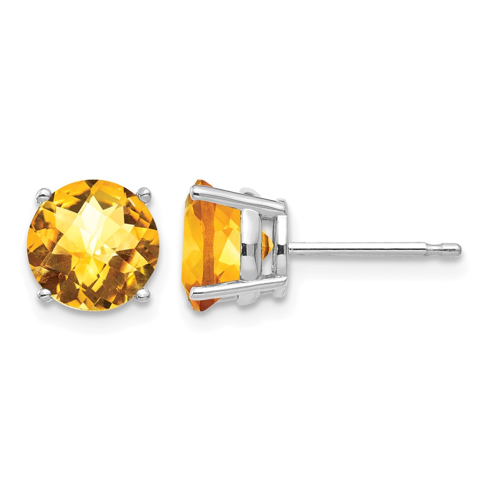 14K White Gold 7mm Round Checker-cut Citrine Post Earrings