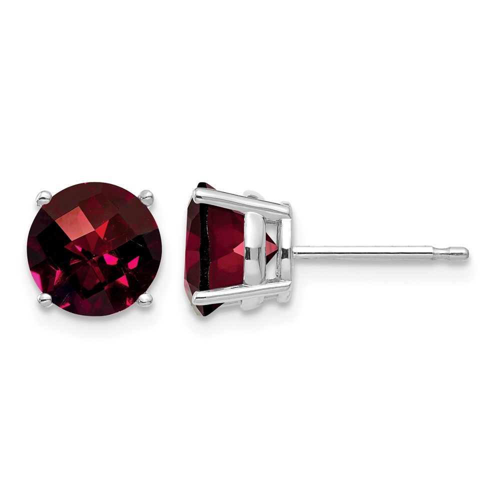 14K White Gold 7mm Round Checker-cut Garnet Post Earrings