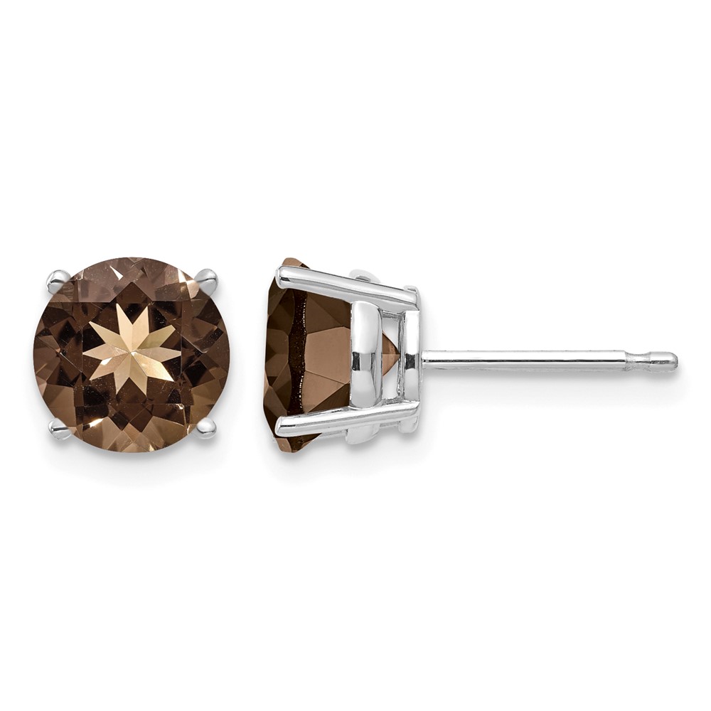 14K White Gold 7mm Round Smoky Quartz Post Earrings