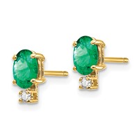 14K Yellow Gold 6x 4mm Oval Emerald and a Quality Diamond Post Earrings view 2