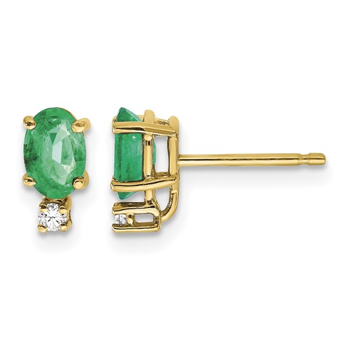 14K Yellow Gold 6x 4mm Oval Emerald and VS Quality Diamond Post Earrings