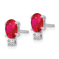14K White Gold 6x4mm Oval Ruby and Aaa Quality Diamond Post Earrings view 2