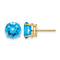 14K 8mm Yellow Gold Round Checker-cut Blue Topaz Post Earrings view 1