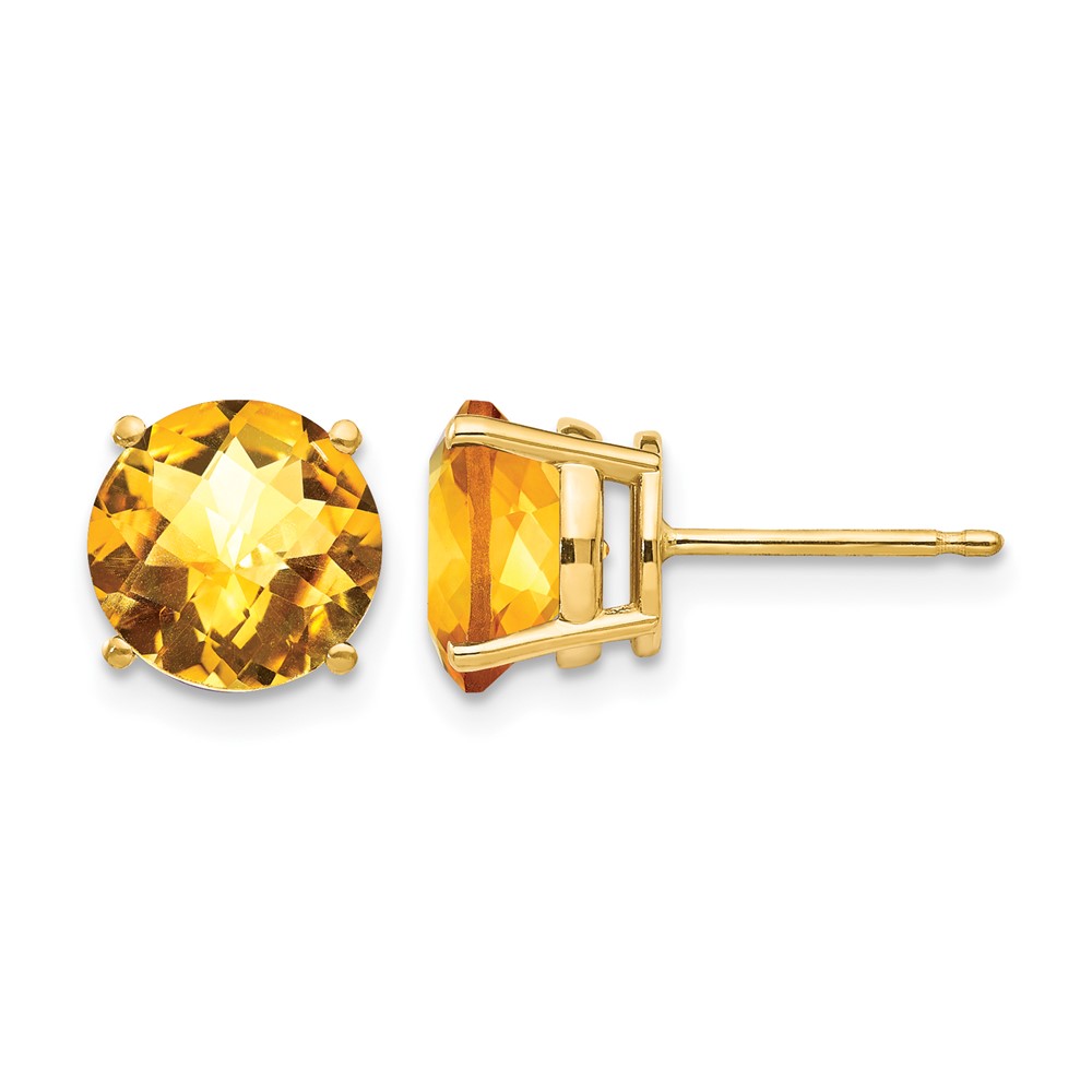 14K 8mm Yellow Gold Round Checker-cut Citrine Post Earrings
