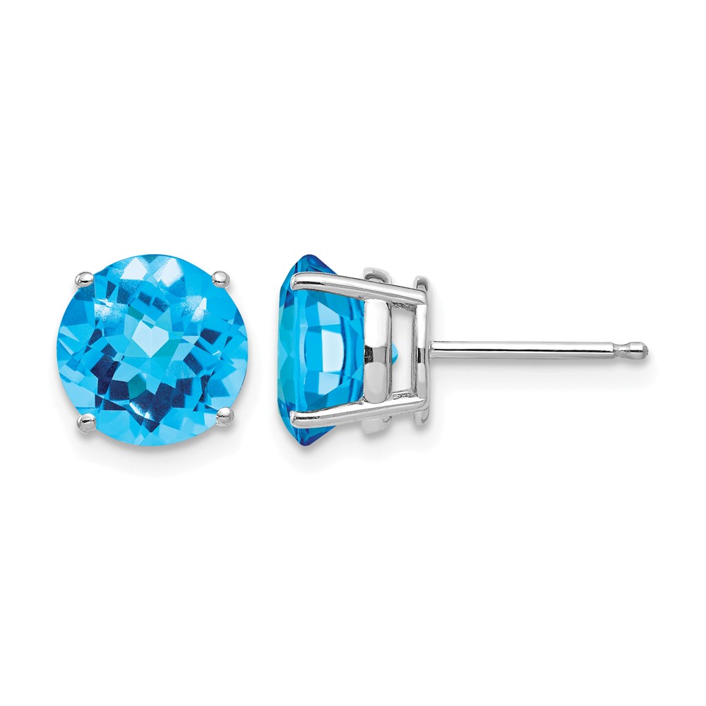 14K White Gold 8mm Round Checker-cut Blue Topaz Post Earrings
