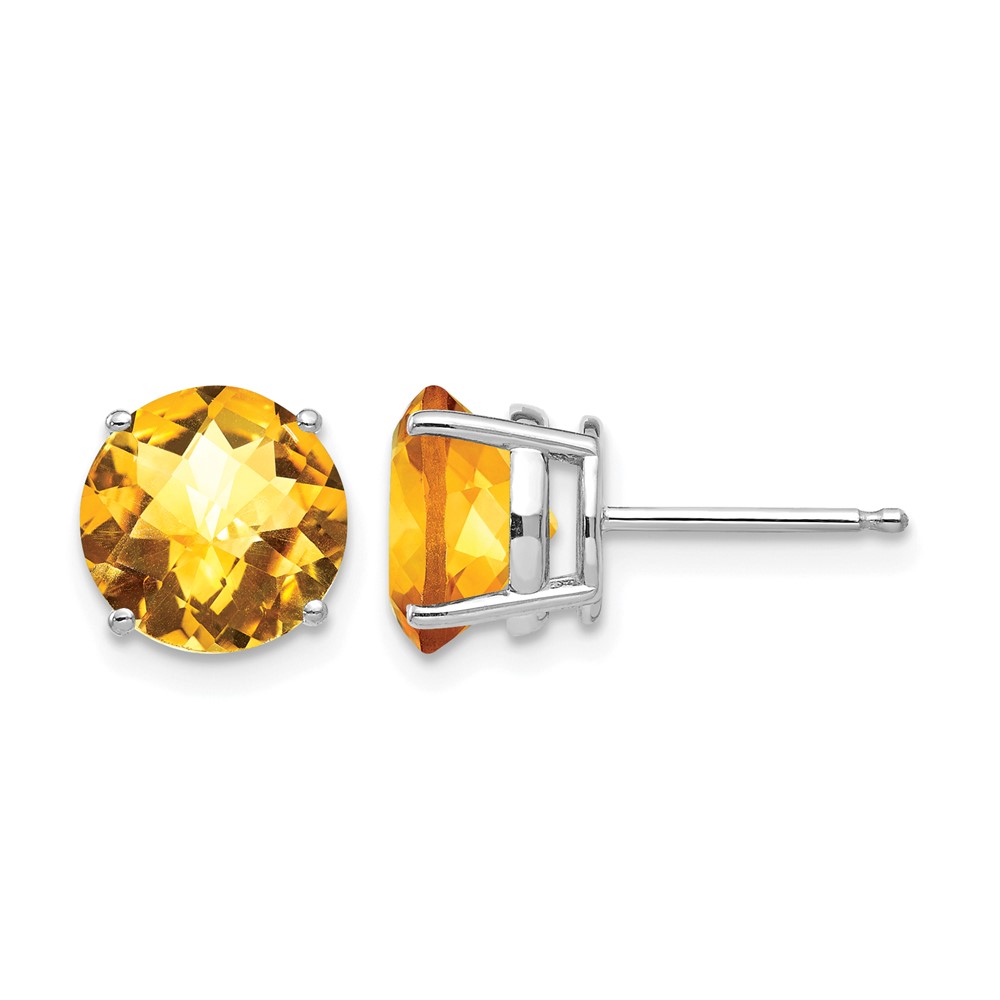 14K White Gold 8mm Round Checker-cut Citrine Post Earrings