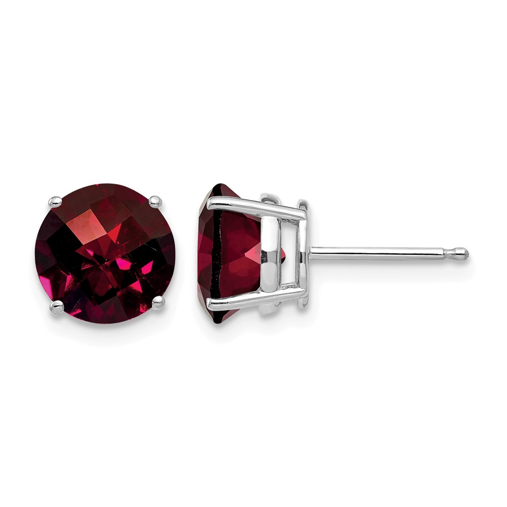 14K White Gold 8mm Round Checker-cut Garnet Post Earrings