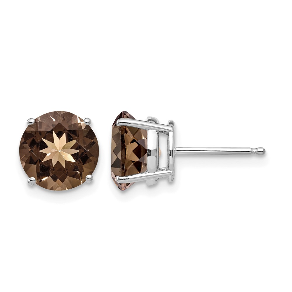 14K White Gold 8mm Round Smoky Quartz Post Earrings