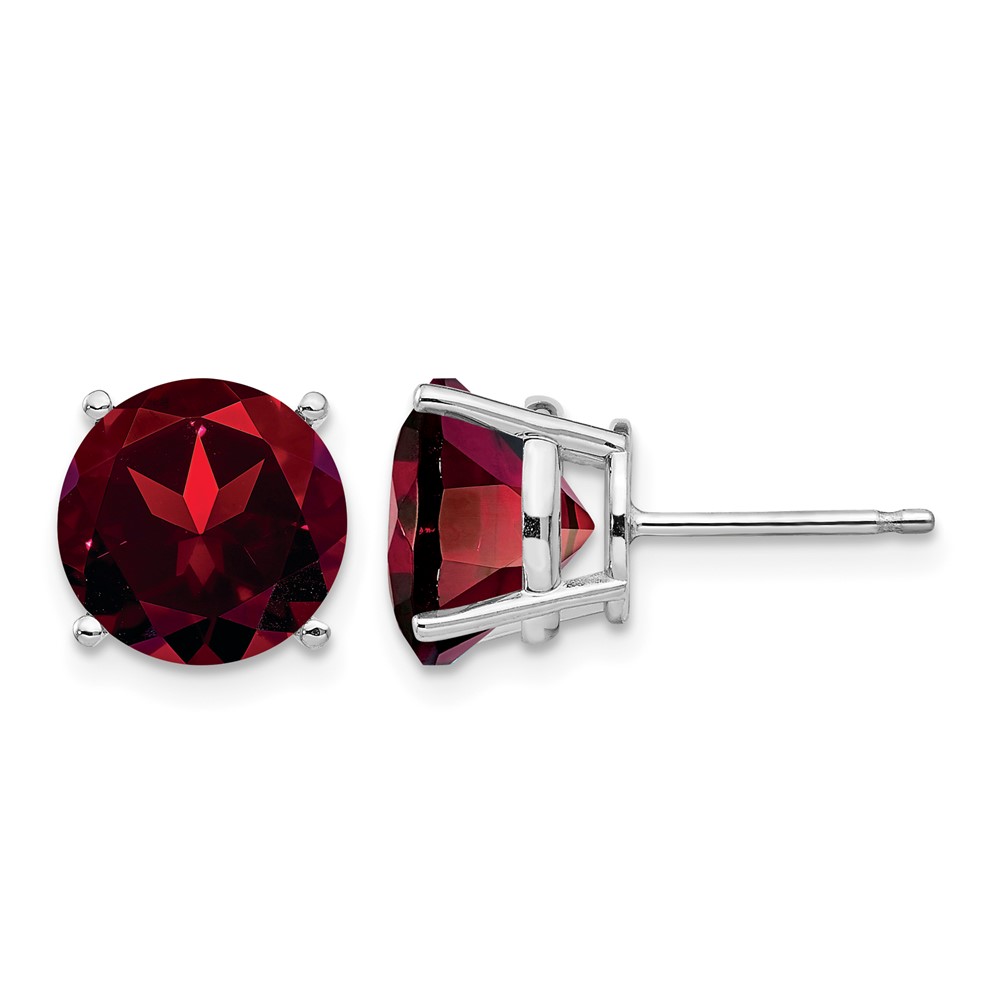 14K White Gold 9mm Round Garnet Post Earrings