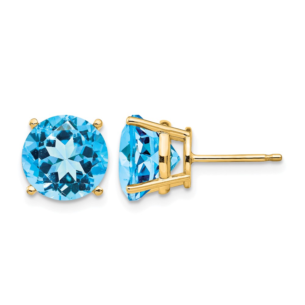 14K 10mm Yellow Gold Round Blue Topaz Post Earrings