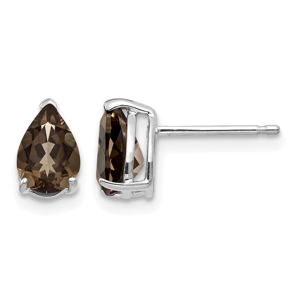 14K White Gold 7x 5mm Pear Smoky Quartz Post Earrings