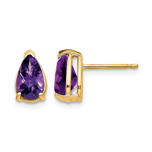 14K Yellow Gold 8x 5mm Pear Checker-cut Amethyst Post Earrings