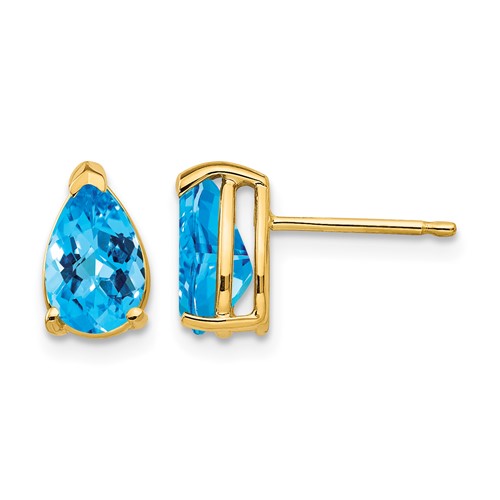 14K Yellow Gold 8x 5mm Pear Checker-cut Blue Topaz Post Earrings