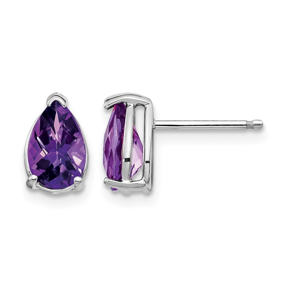 14K White Gold 8x5mm Pear Checker-cut Amethyst Post Earrings