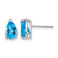 14K White Gold 8x 5mm Pear Checker-cut Blue Topaz Post Earrings view 1