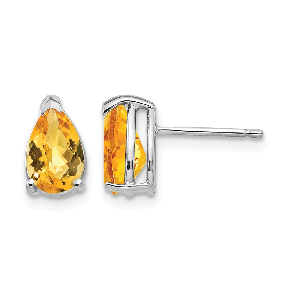 14K White Gold 8x 5mm Pear Checker-cut Citrine Post Earrings