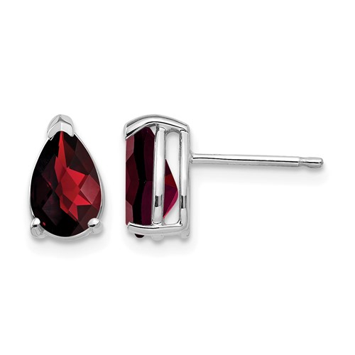 14K White Gold 8x 5mm Pear Checker-cut Garnet Post Earrings