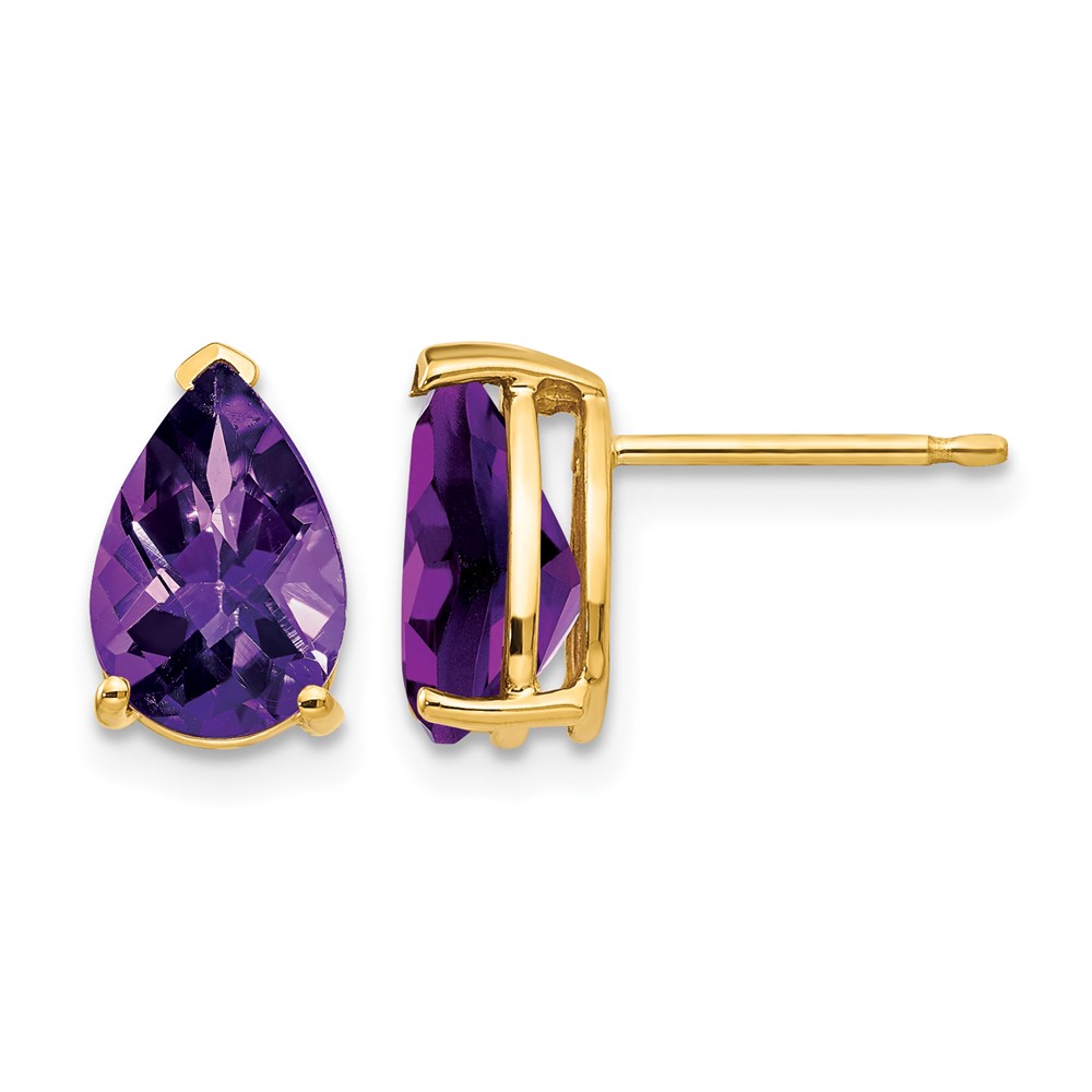 14K Yellow Gold 9x6mm Pear Checker-cut Amethyst Post Earrings