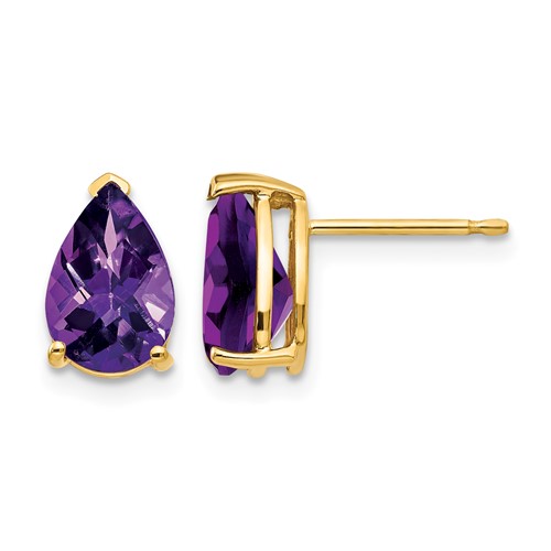 14K Yellow Gold 9x 6mm Pear Checker-cut Amethyst Post Earrings