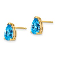 14K Yellow Gold 9x 6mm Pear Checker-cut Blue Topaz Post Earrings view 2
