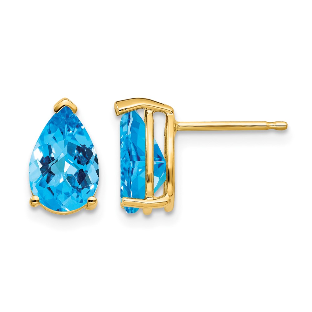 14K Yellow Gold 9x 6mm Pear Checker-cut Blue Topaz Post Earrings