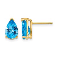 14K Yellow Gold 9x 6mm Pear Checker-cut Blue Topaz Post Earrings view 1