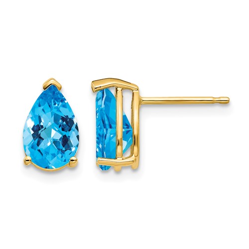 14K Yellow Gold 9x 6mm Pear Checker-cut Blue Topaz Post Earrings