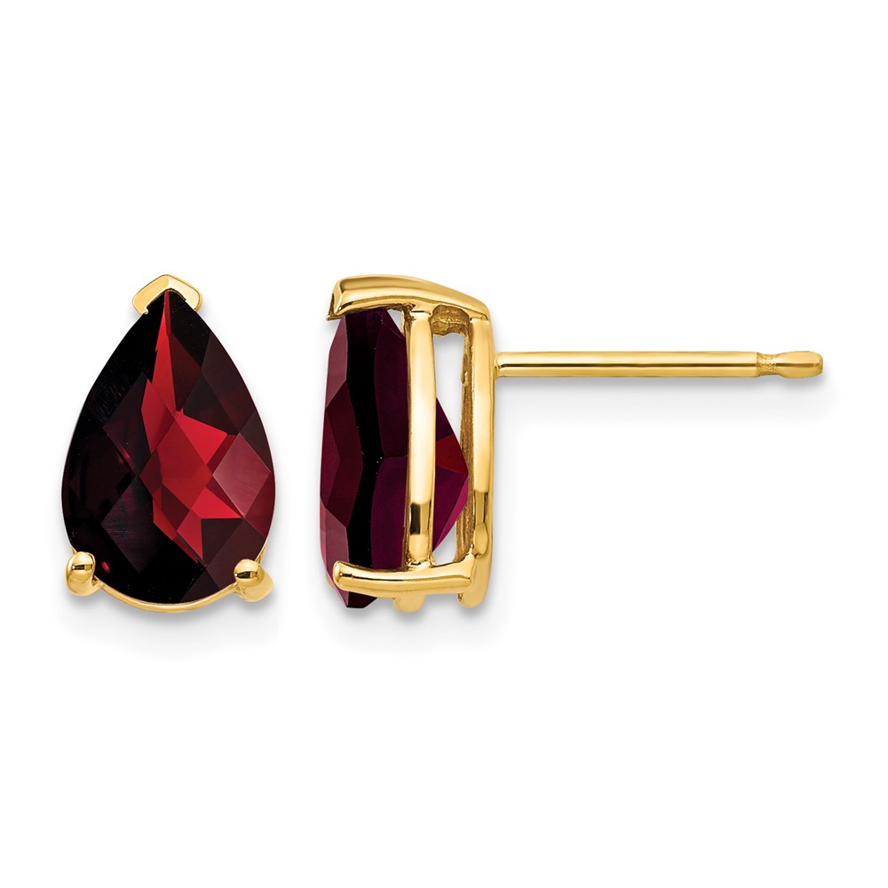 14K Yellow Gold 9x 6mm Pear Checker-cut Garnet Post Earrings