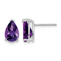 14K White Gold 9x 6mm Pear Checker-cut Amethyst Post Earrings view 1