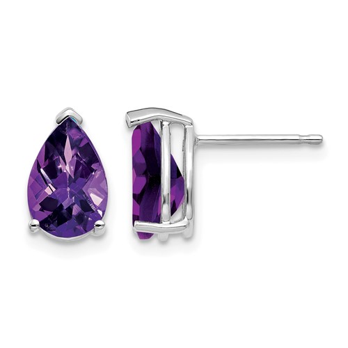 14K White Gold 9x 6mm Pear Checker-cut Amethyst Post Earrings