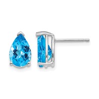 14K White Gold 9x 6mm Pear Checker-cut Blue Topaz Post Earrings view 1