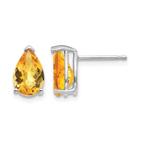 14K White Gold 9x 6mm Pear Checker-cut Citrine Post Earrings