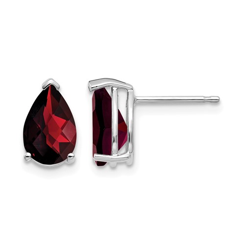 14K White Gold 9x 6mm Pear Checker-cut Garnet Post Earrings