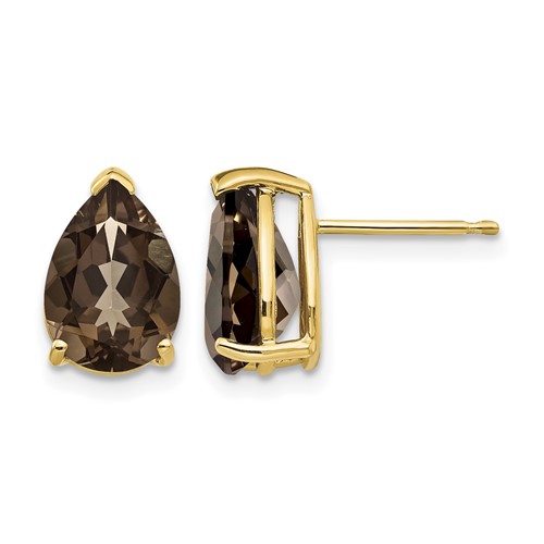 14K Yellow Gold 10x 7mm Pear Smoky Quartz Post Earrings