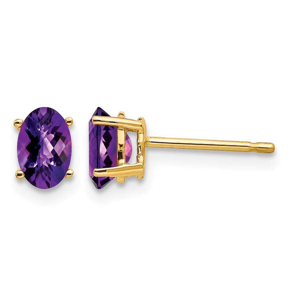 14K Yellow Gold 6x4mm Oval Checker-cut Amethyst Post Earrings