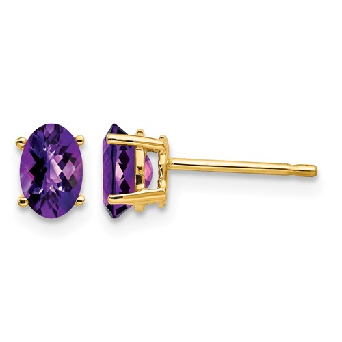 14K Yellow Gold 6x 4mm Oval Checker-cut Amethyst Post Earrings