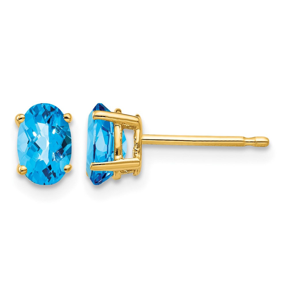 14K Yellow Gold 6x 4mm Oval Checker-cut Blue Topaz Post Earrings
