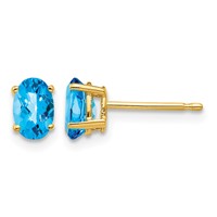 14K Yellow Gold 6x 4mm Oval Checker-cut Blue Topaz Post Earrings view 1