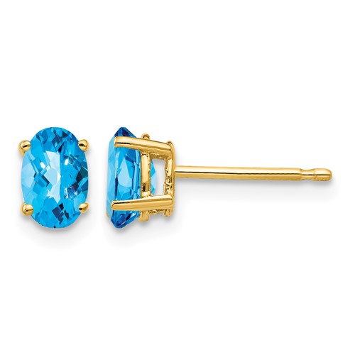 14K Yellow Gold 6x 4mm Oval Checker-cut Blue Topaz Post Earrings