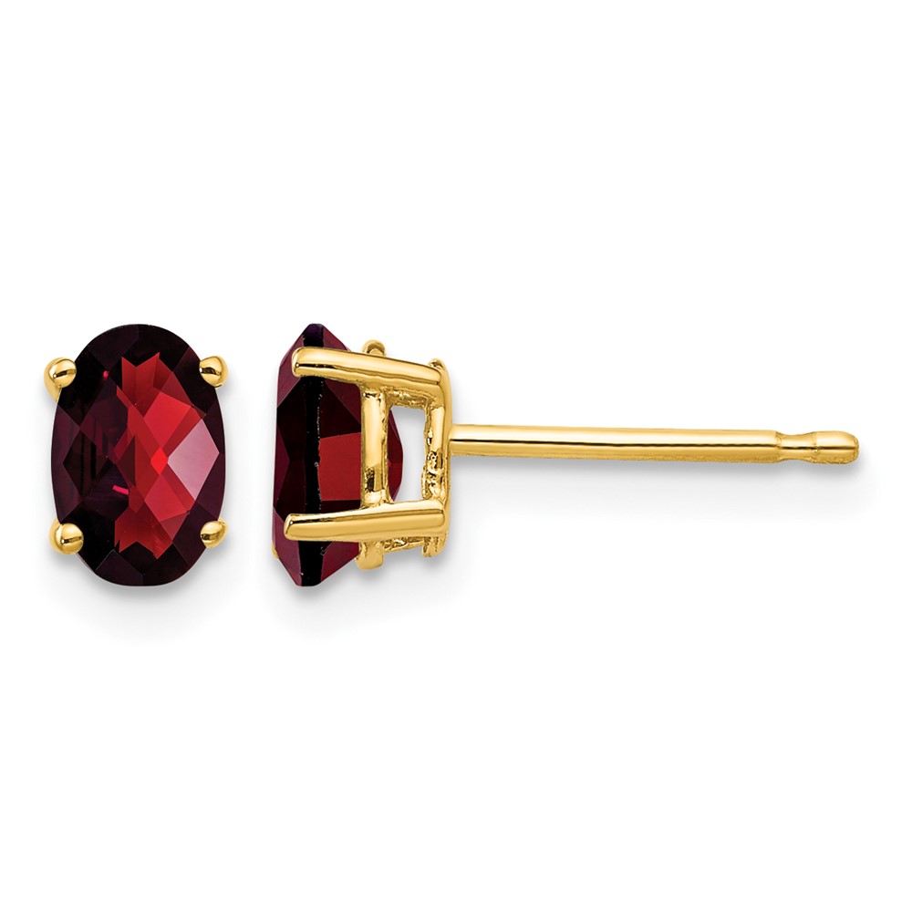 14K Yellow Gold 6x4mm Oval Checker-cut Garnet Post Earrings