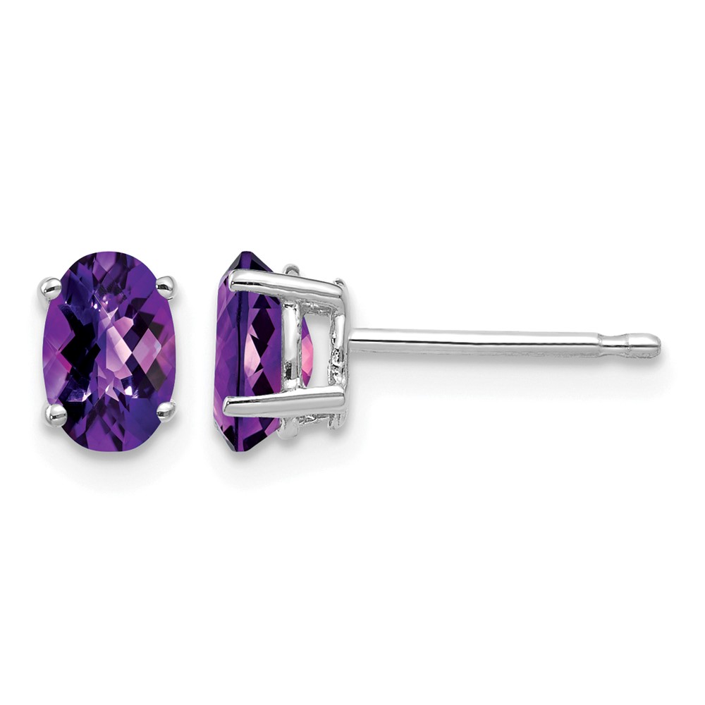 14K White Gold 6x 4mm Oval Checker-cut Amethyst Post Earrings
