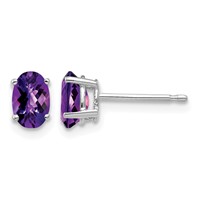 14K White Gold 6x 4mm Oval Checker-cut Amethyst Post Earrings view 1