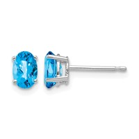 14K White Gold 6x 4mm Oval Checker-cut Blue Topaz Post Earrings view 1
