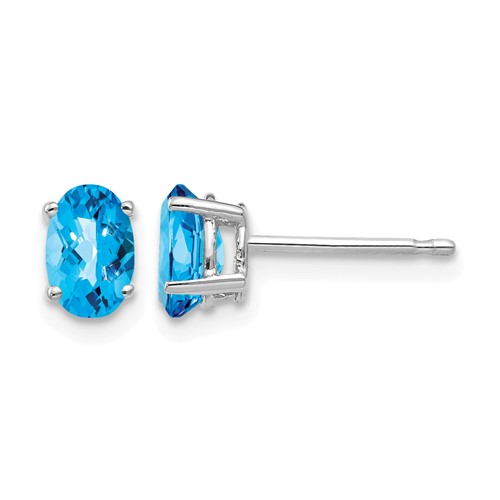 14K White Gold 6x 4mm Oval Checker-cut Blue Topaz Post Earrings