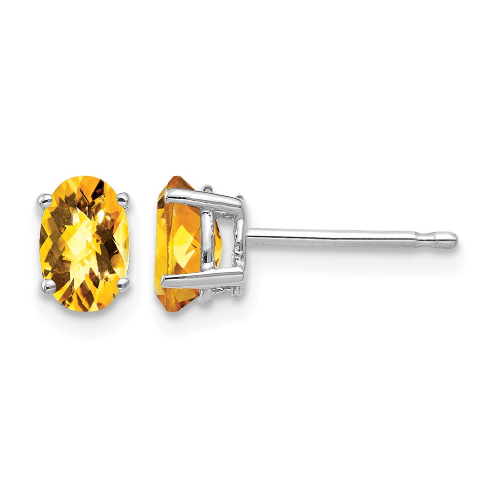 14K White Gold 6x4mm Oval Checker-cut Citrine Post Earrings