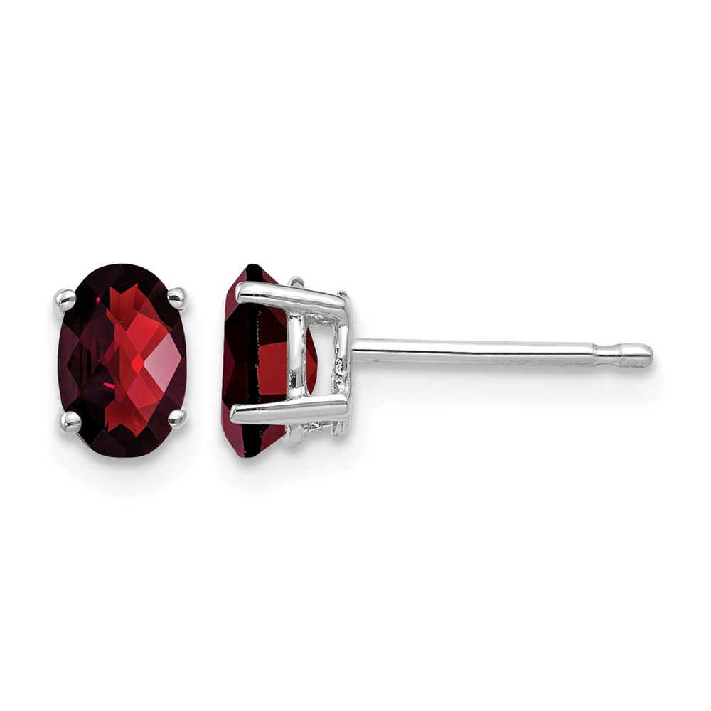 14K White Gold 6x 4mm Oval Checker-cut Garnet Post Earrings
