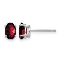 14K White Gold 6x 4mm Oval Checker-cut Garnet Post Earrings view 1